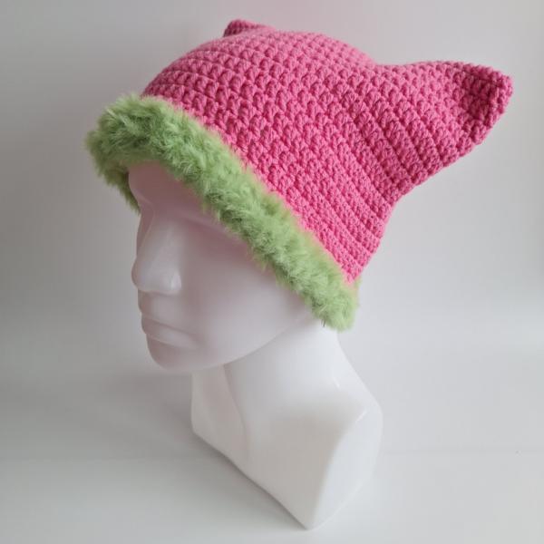 Gehaakte muts met imitatiebont | Barbie roze en groen