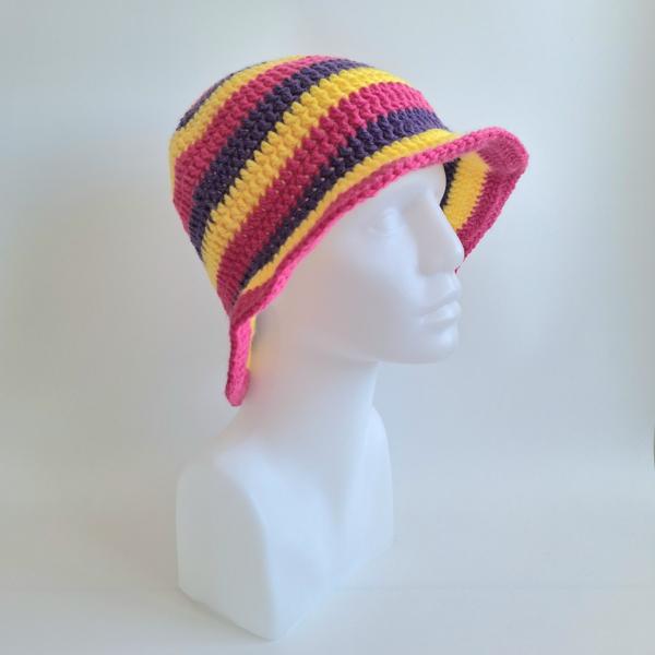 Gehaakte bucket hat | Geel, fuchsia en paars