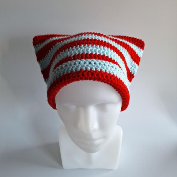 Gehaakte muts | Lichtblauw en rood