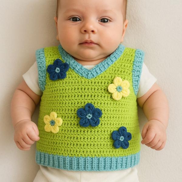 Gehaakt baby vestje | Limoengroen en mintgroen met blauwe bloemen