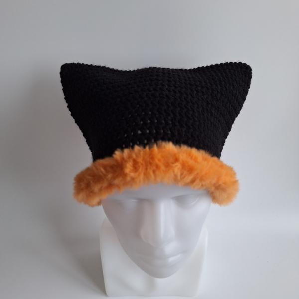 Gehaakte muts met imitatiebont | Zwart en oranje