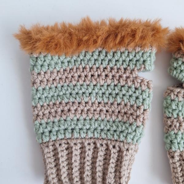 Gehaakte handschoenen - gehaakte vingerloze handschoenen | Beige, sagegroen en karamelbruin