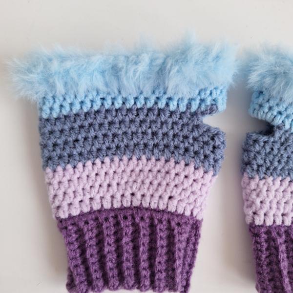 Gehaakte handschoenen - gehaakte vingerloze handschoenen | Paars, lila, denimblauw en lichtblauw