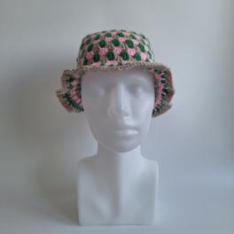 Gehaakte bucket hat | Groen, roze en beige