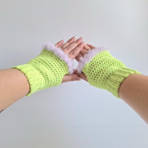 Gehaakte handschoenen - gehaakte vingerloze handschoenen | Limoengroen en lila