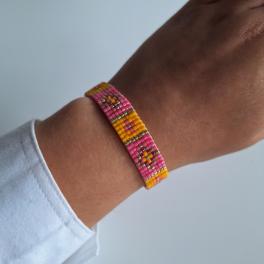Geweven kralen armband | Geel en roze glas-in-lood