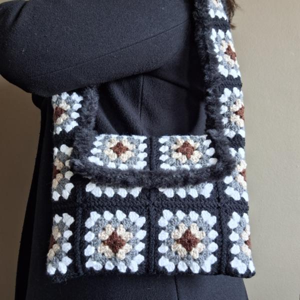 Gehaakte tas | Bruin, beige, grijs wit en zwart imitatiebont