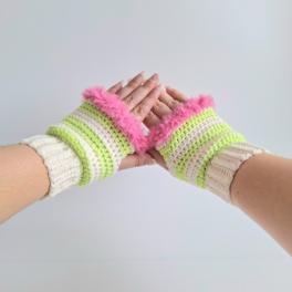 Gehaakte handschoenen - gehaakte vingerloze handschoenen | Crème, limoengroen en Barbie roze