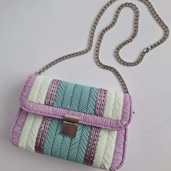 Geweven crossbody tas | Turquoise, lila, pastel geel en zilver