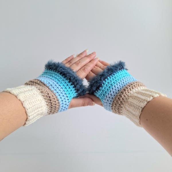 Gehaakte handschoenen - gehaakte vingerloze handschoenen | Crème, beige, lichtblauw, turquoise en denimblauw