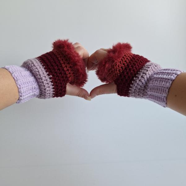 Gehaakte handschoenen - gehaakte vingerloze handschoenen | Lila, taupe en wijnrood