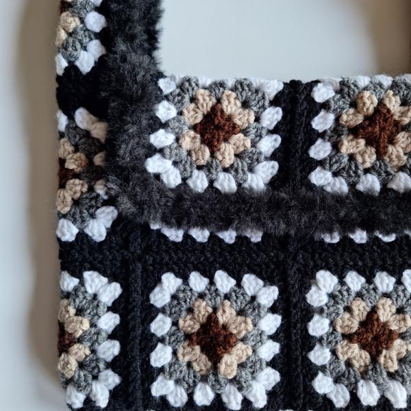 Gehaakte tas | Bruin, beige, grijs wit en zwart imitatiebont