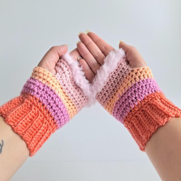 Gehaakte handschoenen - gehaakte vingerloze handschoenen | Koraaloranje, lavendel, perzik en poederroze