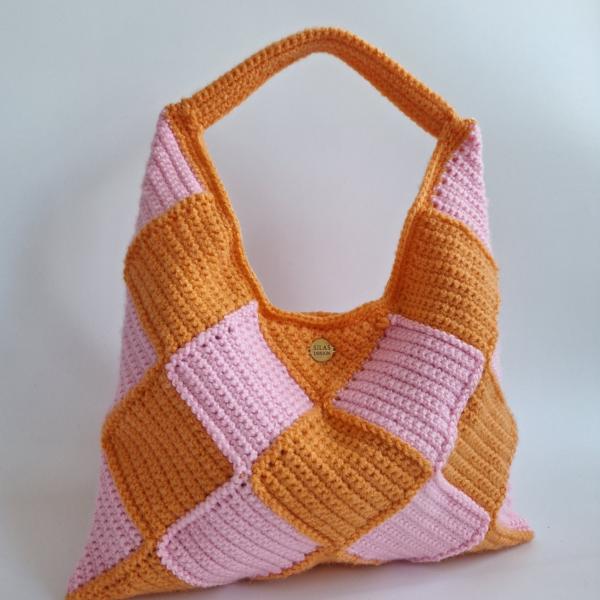 Gehaakte checker handtas 'Lichtroze & oranje'