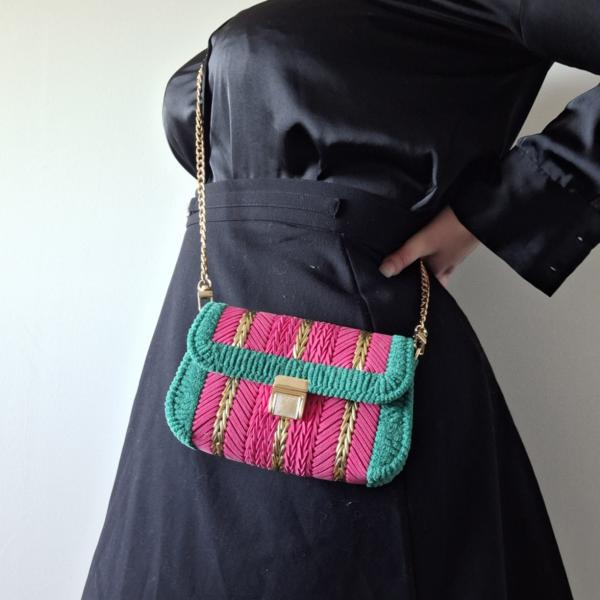 Geweven crossbody tas | Roze, groen en goud
