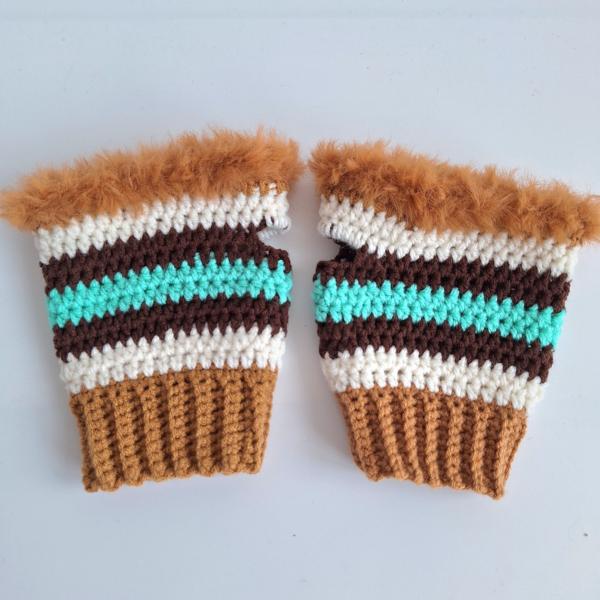 Gehaakte handschoenen - gehaakte vingerloze handschoenen | karamelbruin, crème, turquoise en donkerbruin