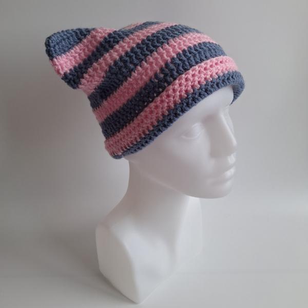 Gehaakte muts | Lichtroze en denimblauw