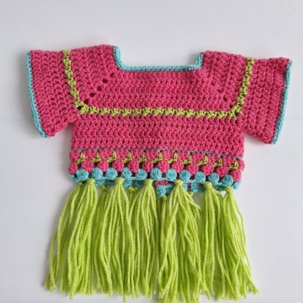 Gehaakt baby vestje | Roze, turquoise en groen met groene franjes