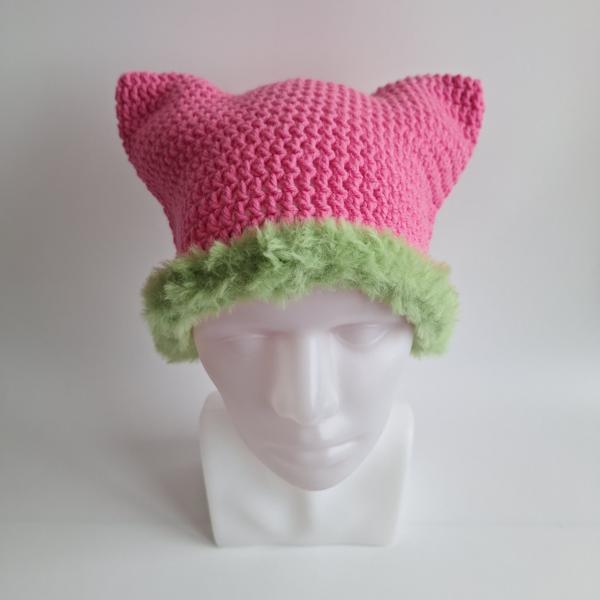 Gehaakte muts met imitatiebont | Barbie roze en groen