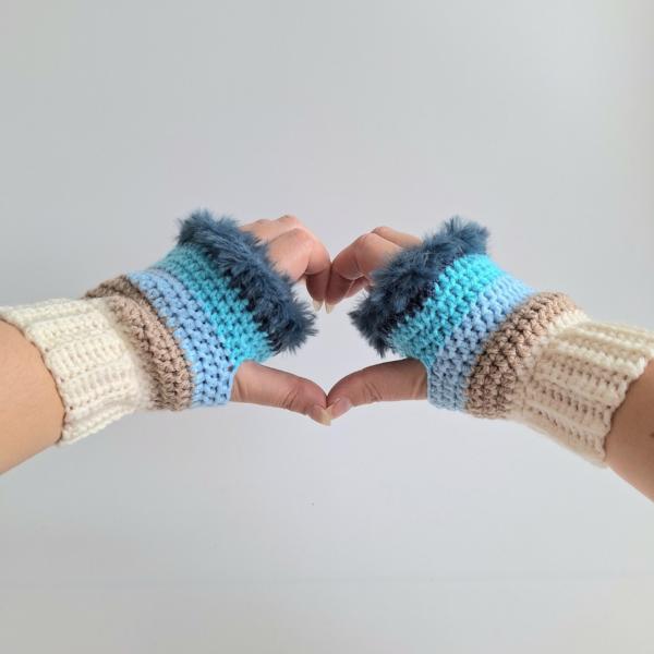 Gehaakte handschoenen - gehaakte vingerloze handschoenen | Crème, beige, lichtblauw, turquoise en denimblauw