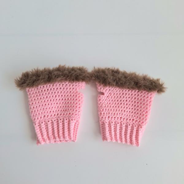 Gehaakte handschoenen - gehaakte vingerloze handschoenen | Lichtroze en bruin