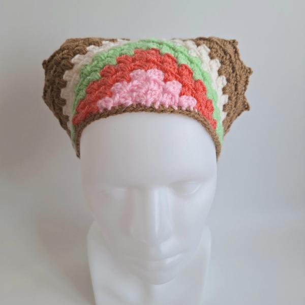 Gehaakte bandana | Lichtroze, koraaloranje, lichtgroen, crème en lichtbruin