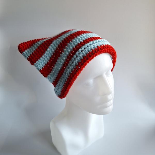 Gehaakte muts | Lichtblauw en rood
