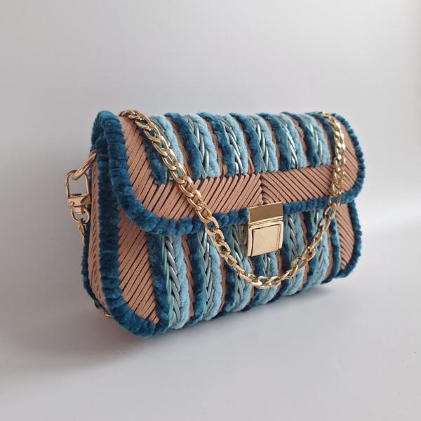 Geweven crossbody tas | Lichtblauw, petrol, turquoise, lichtbruin en goud