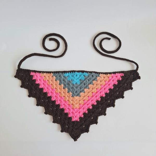 Gehaakte bandana | Turquoise, denimblauw, perzikoranje, neon roze en donkerbruin