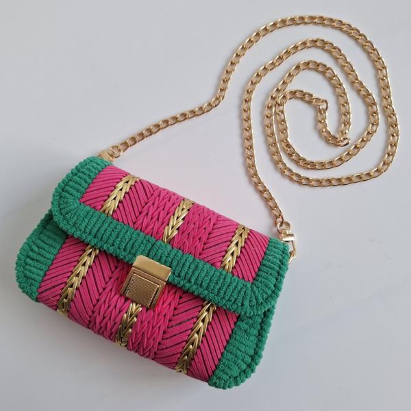 Geweven crossbody tas | Roze, groen en goud