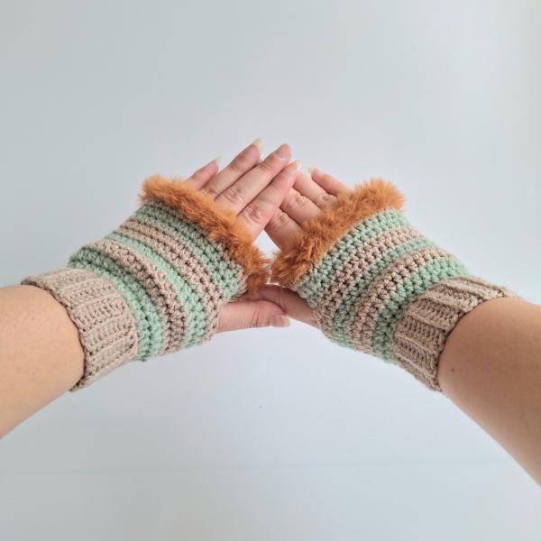 Gehaakte handschoenen - gehaakte vingerloze handschoenen | Beige, sagegroen en karamelbruin