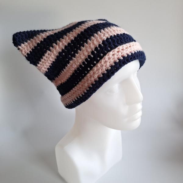 Gehaakte muts | Donkerblauw en lichtroze