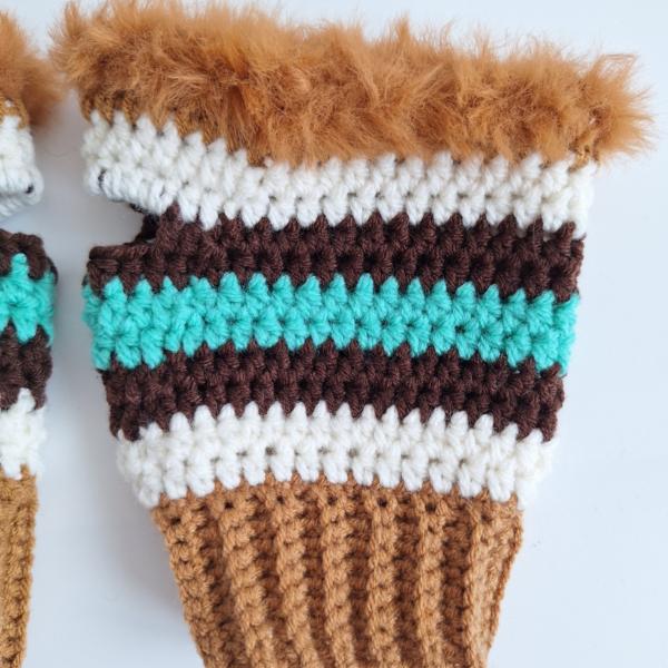 Gehaakte handschoenen - gehaakte vingerloze handschoenen | karamelbruin, crème, turquoise en donkerbruin