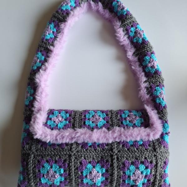 Gehaakte tas | Lila, turquoise, paars en grijs imitatiebont