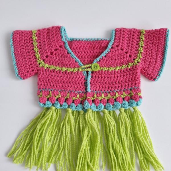 Gehaakt baby vestje | Roze, turquoise en groen met groene franjes