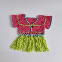 Gehaakt baby vestje | Roze, turquoise en groen met groene franjes