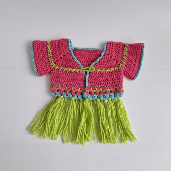 Gehaakt baby vestje | Roze, turquoise en groen met groene franjes