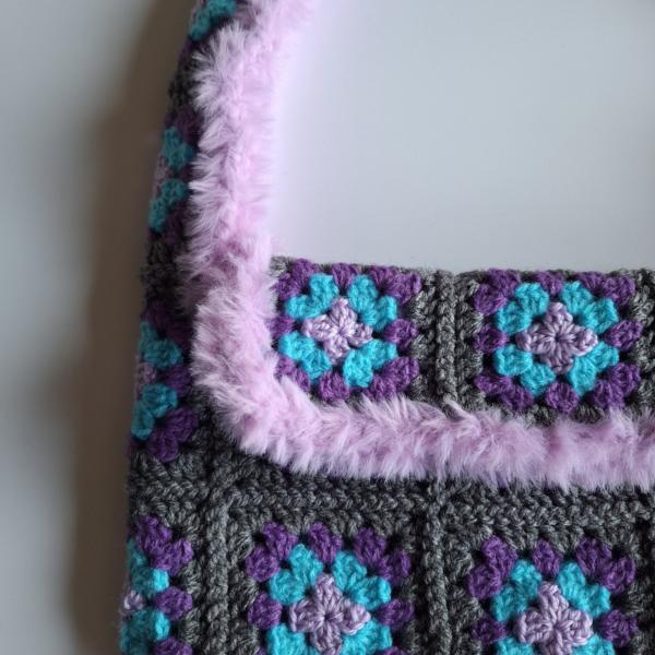 Gehaakte tas | Lila, turquoise, paars en grijs imitatiebont