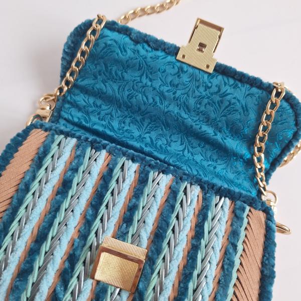 Geweven crossbody tas | Lichtblauw, petrol, turquoise, lichtbruin en goud