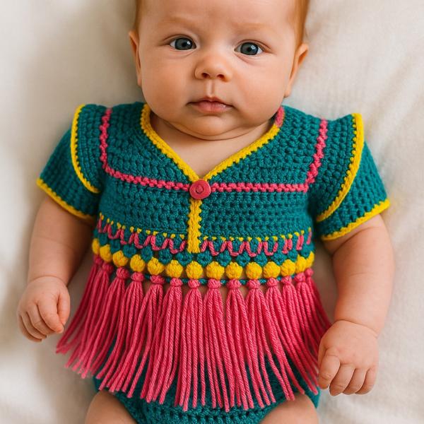 Gehaakt baby vestje | Petrol, roze en geel met roze franjes