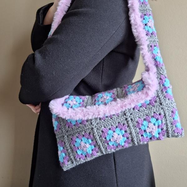 Gehaakte tas | Lila, turquoise, paars en grijs imitatiebont