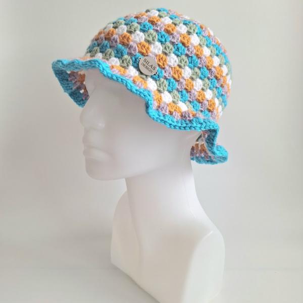 Gehaakte bucket hat | Oranje, lila, turquoise, sagegroen en wit