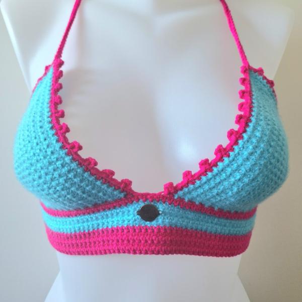 Gehaakt topje | Turquoise en knalroze