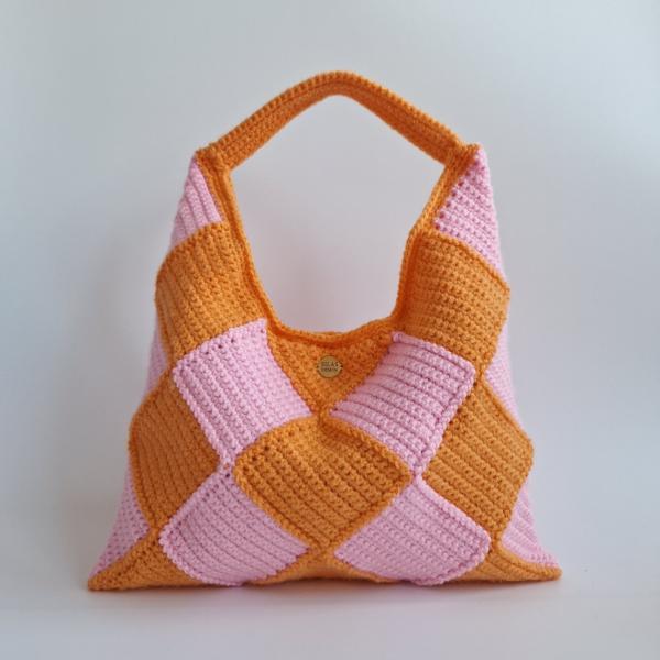 Gehaakte checker handtas 'Lichtroze & oranje'