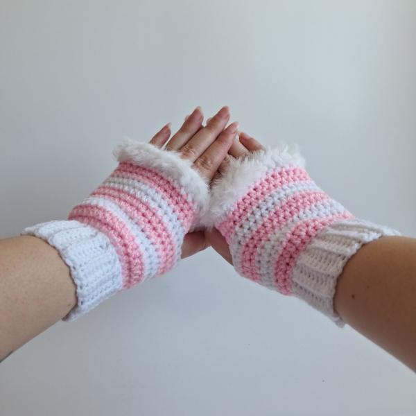 Gehaakte handschoenen - gehaakte vingerloze handschoenen | Wit en lichtroze