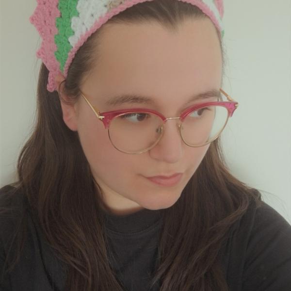 Gehaakte bandana | Beige, wit, groen en roze