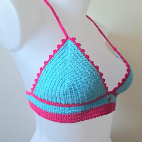 Gehaakt topje | Turquoise en knalroze