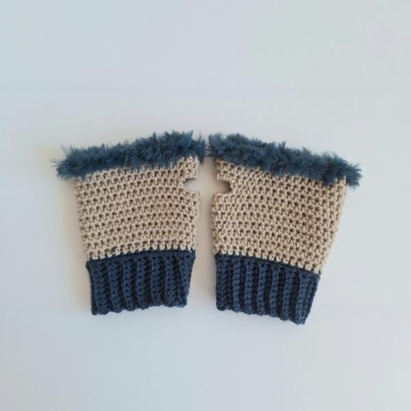 Gehaakte handschoenen - gehaakte vingerloze handschoenen | Beige en denimblauw