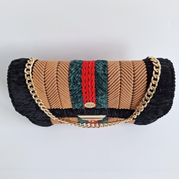 Geweven crossbody tas | Lichtbruin, donkergroen, rood en zwart