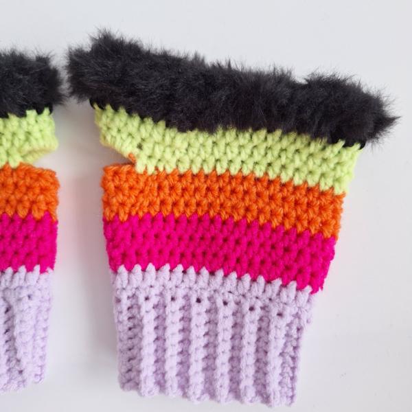 Gehaakte handschoenen - gehaakte vingerloze handschoenen | Lila, knalroze, oranje, limoengroen en zwart